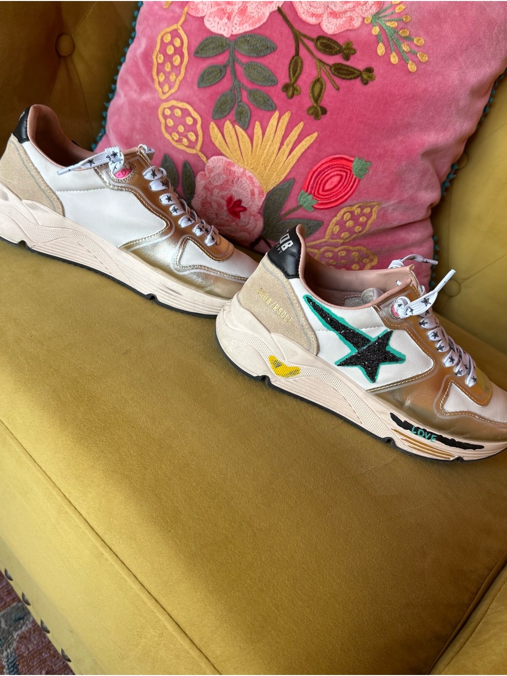 Golden Goose White and Tan Sneakers with Green Star Accent